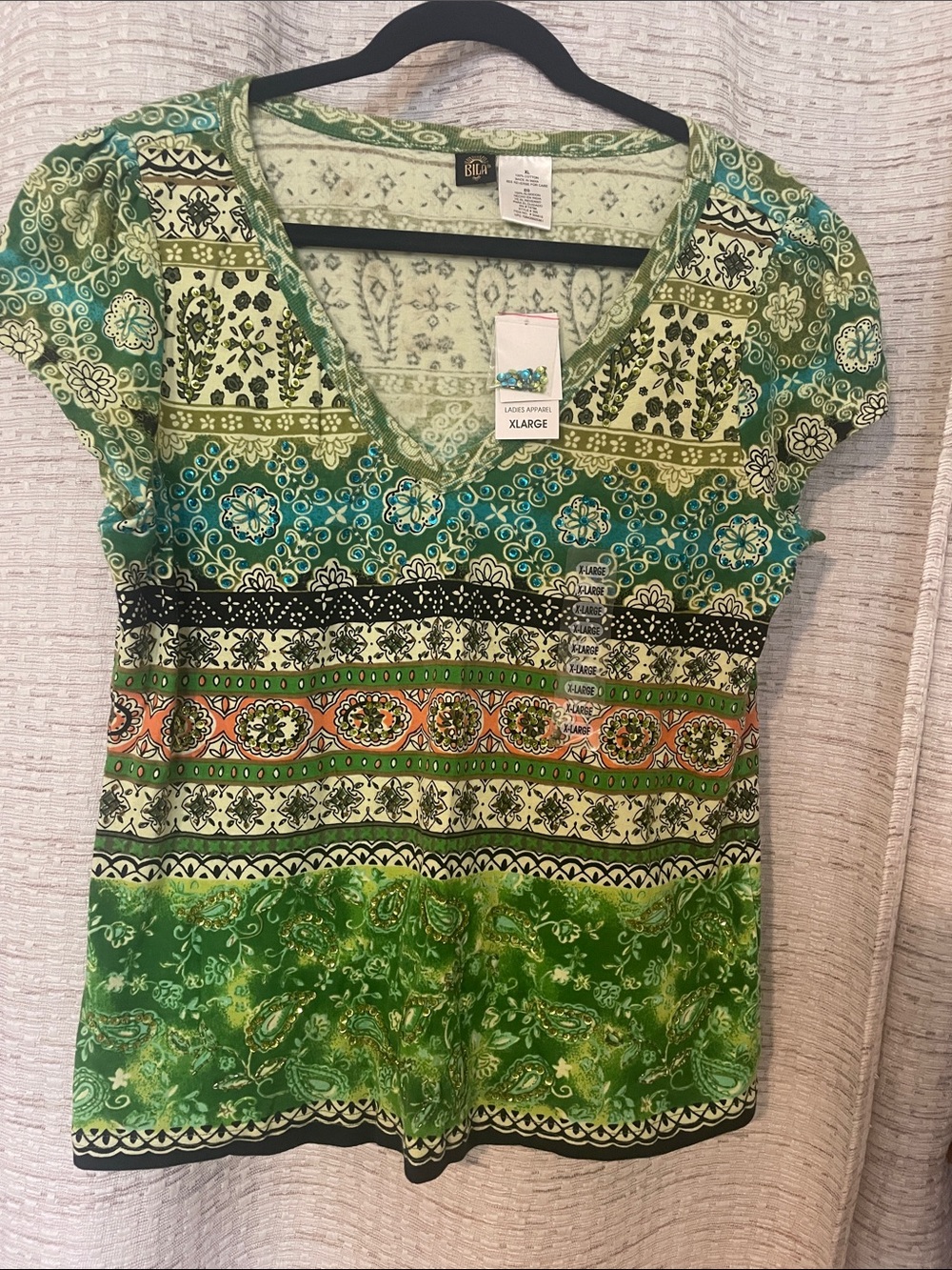 Bila Green Multi-Print V-Neck Short Sleeve Top